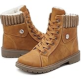 Waluzs Women's White & Black Ankle Combat Boots - Fuzzy Lace Up Snow Boots For Winter