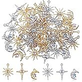 DOPENSPI 60PCS Jewelry Celestial Charms Set, Gold Silver Moon Star Sun Pendants with Opal Beads Celestial Planet Charm Moon Pendant for DIY Crafts Jewelry Making Accessories