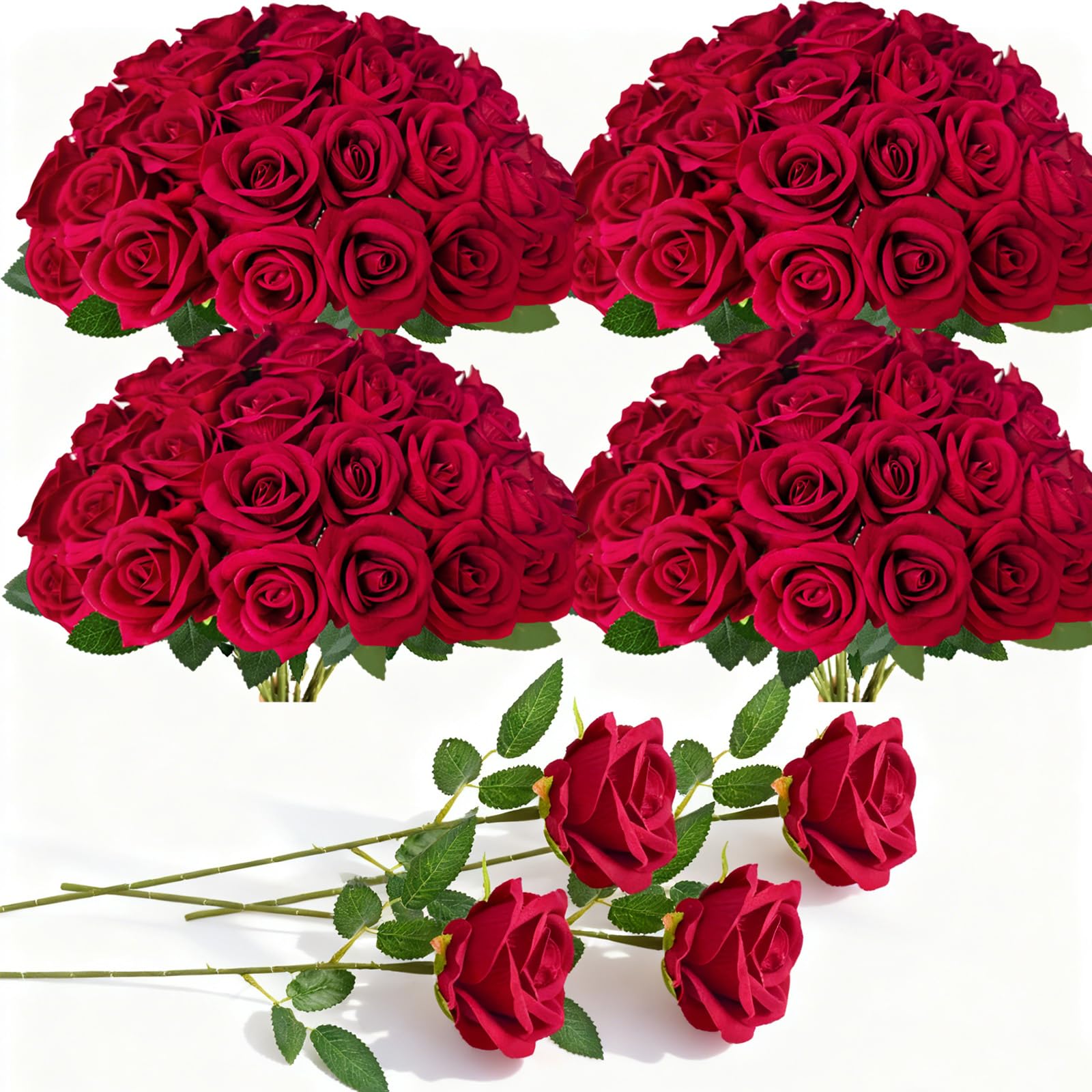 Photo 1 of 100 Pcs Fake Roses Bulk Red Artificial Flowers, Artificial Velvet Silk Roses Bouquet with Stems for Wedding Decoration, Fake Flowers in Vase Valentines Day Floral Arrangement Home Decor Centerpiece