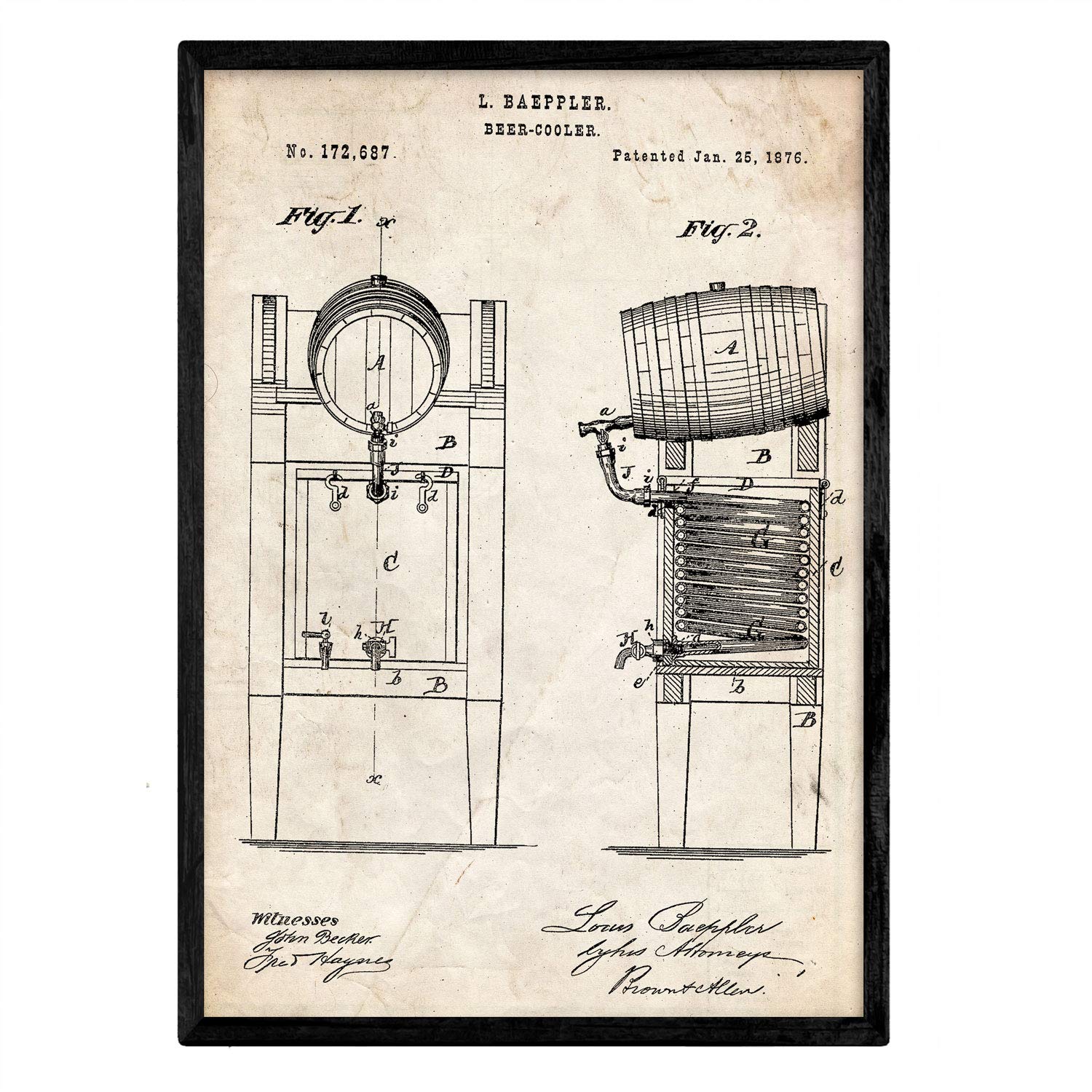 Nacnic Patent Poster with beer fridge. Sheet with old design patent in A3 size and vintage background