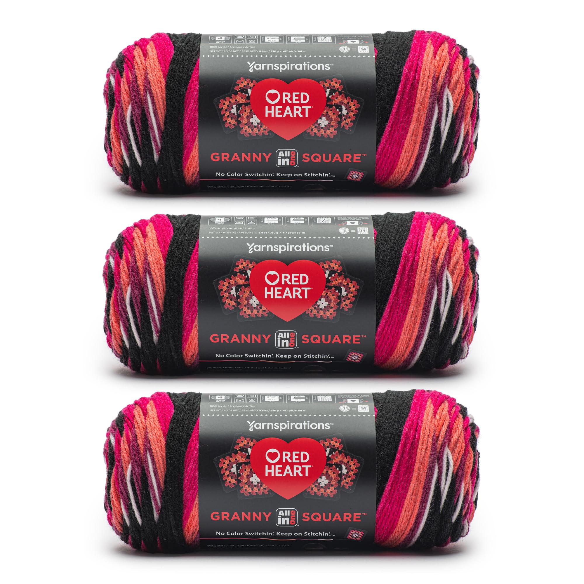 Red Heart All in One Granny Square Black -Carnation Code Yarn - 3 Pack of 250g/8.8oz - 100% Acrylic - #4 Worsted (Medium) - 381m/417Yards - for Knitting, Crochet and Amigurumi