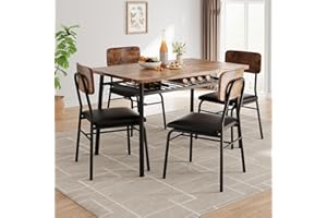 IDEALHOUSE Dining Table Set for 4 with Storage Rack, 5-Piece Kitchen Table and Upholstered Chairs of 4, Wood Tabletop & Heavy-Duty Metel Frame, Dining Room Set for Small Space, Apartment, Brown