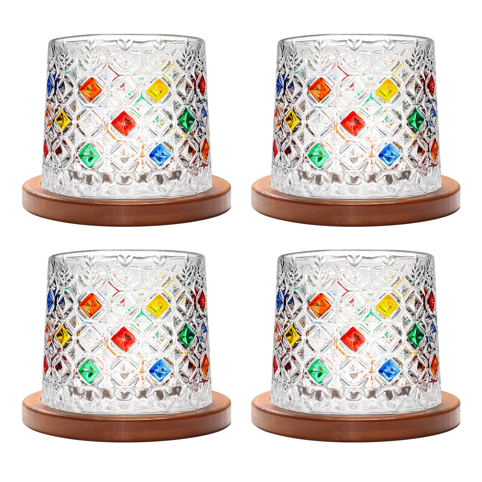 Uten Rotating Water Glasses, 4 Pieces Whisky Glasses 275 ml / 10 oz, Bamboo Coasters, Cocktail Cup, Coffee Cup, Relaxing, Gift, Standing Up Glasses