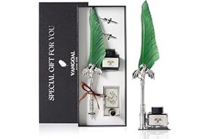 VANGOAL Dragon Quill Pen and Ink Set, Vintage Dragon Feather Pen with Novelty Pen Base, Retro Carving Dip Pen Calligraphy Pen Gift Set for Writing, Drawing, Desktop Decoration (Green)