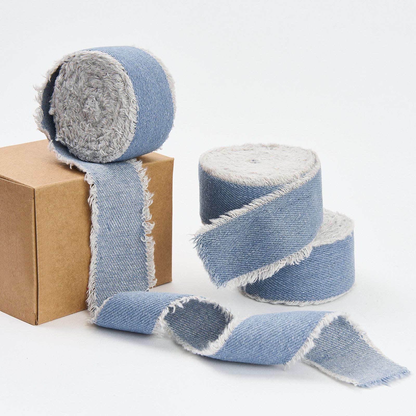Pretty Jolly Light Blue Denim Ribbon for Gift Wrapping Handmade Rustic Frayed Cotton Fabric Ribbon for Flower Bouquet Total 15 Yards 1 1/2 Inch Ribbons for Crafts Hair Wedding Invitation Holiday Decor