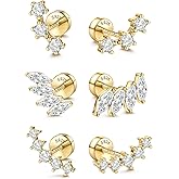 14K Gold Plated Solid 925 Sterling Silver Post Flat Back Earrings Stud | Cartilage Helix Conch Tragus Piercing Jewelry 3 Pairs Tiny Screw Dainty CZ Opal Earring Set Men Women