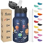 Han's Bottle Kids Water Bottle with Straw Lid - Insulated Stainless Steel Reusable Tumbler for Girls,Boys,Thermo Mug,12oz,Space Planet