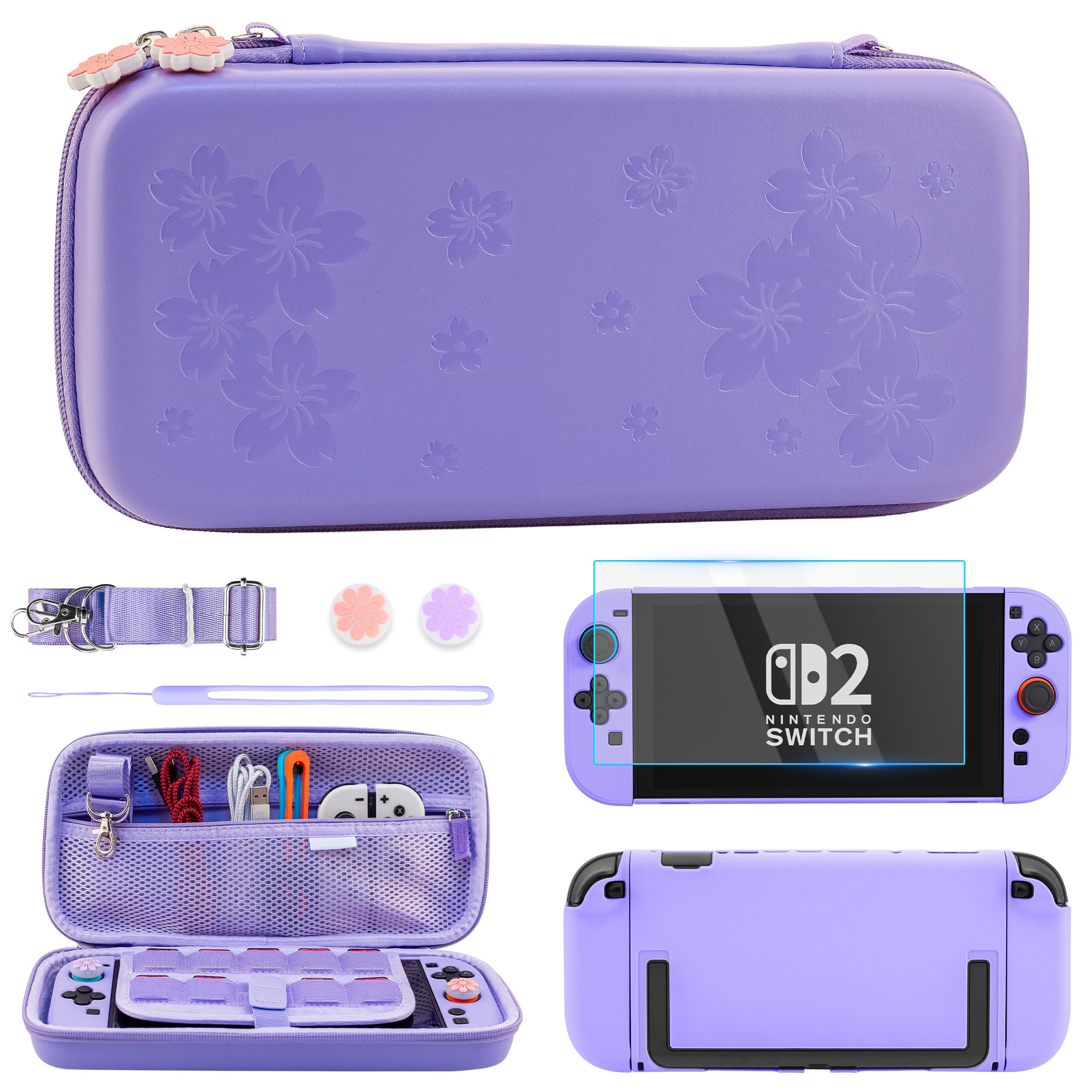 RHOTALL Purple Cherry Blossom Carrying Case for Nintendo Switch 2 (2025) 7.9 Inch, Cute Protective Portable Travel Carry Case Hard Shell Cover for Switch 2, Screen Protector, 2 Thumb Caps - Sakura