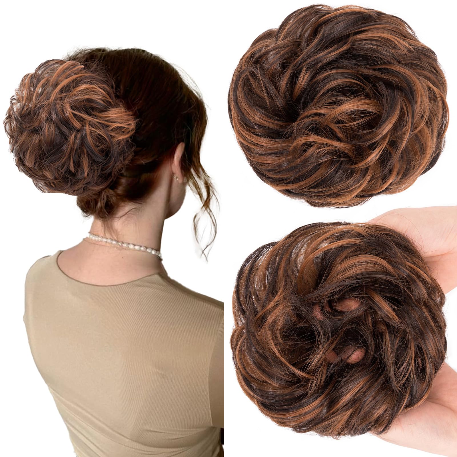 SEGOHAIR Messy Bun Hair Piece Fake Hair Bun Hair Scrunchies Bun - Lightweight 25g Synthetic Hair Bun Piece for Women, Dark Brown & Light Auburn Curly Wavy Elastic updo Scrunchy Bun