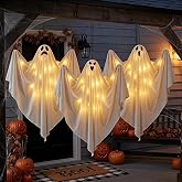 Halloween Decor Outdoor 3PCS Hanging Ghost, Light Up LED Ghost for Yard | Spooky Hanging Ghost Decor with Warm LED Lights, Bendable Fabric Ghost Ornament for Indoor Outdoor Halloween Yard Porch Party
