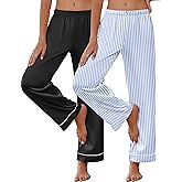 Ekouaer 2 Pack Women Silk Satin Pajamas Pants Lounge Pants Loose Elastic Waist Pj Bottoms with Pockets