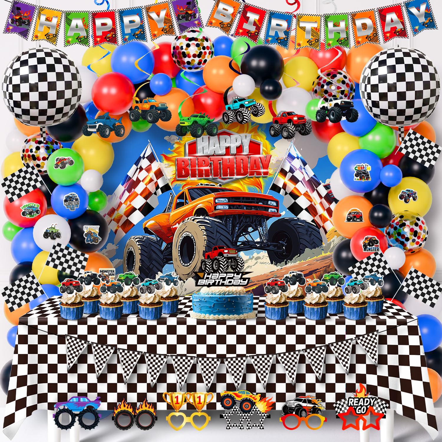 Photo 1 of 140Pcs Monster Truck Birthday Decorations, Machines Jam Party Decoration Supplies with Backdrop, Checkered Tablecloth, Banner, Balloons for Boys Party Supplies