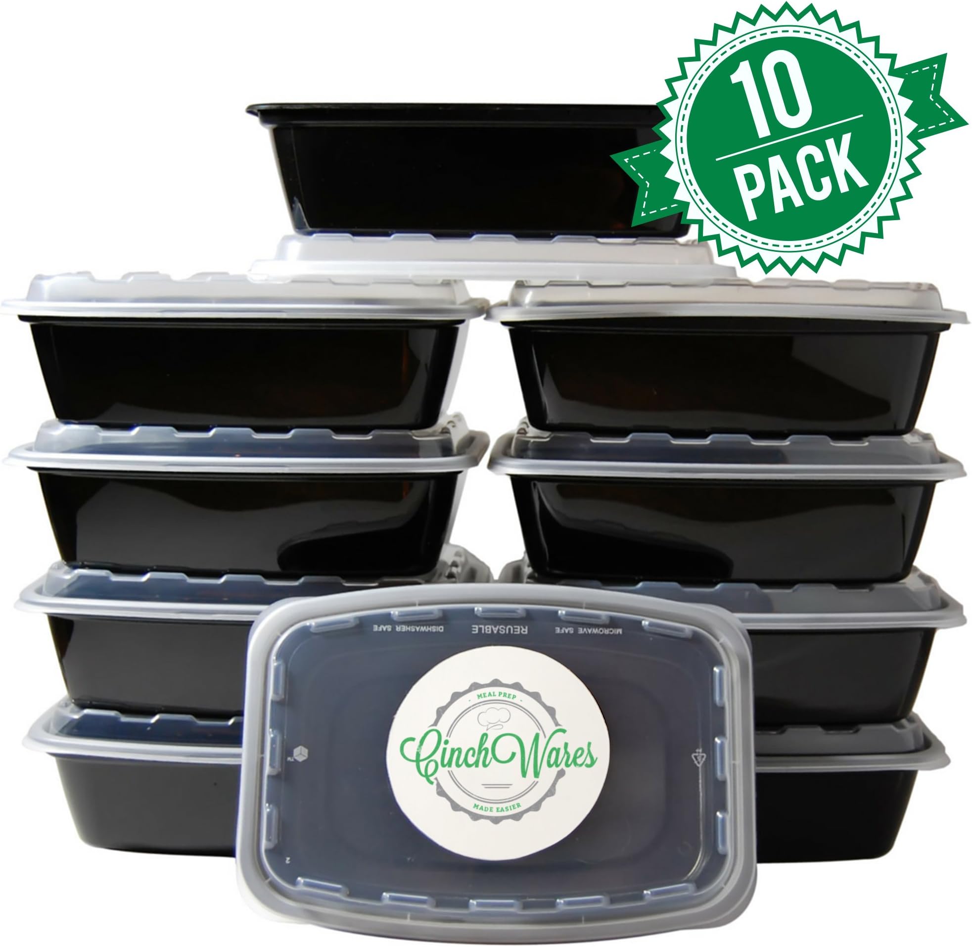 CinchWares Meal Prep Storage Containers with lids, 10 pack, 38-Ounce, BPA-Free, Reusable, Microwavable