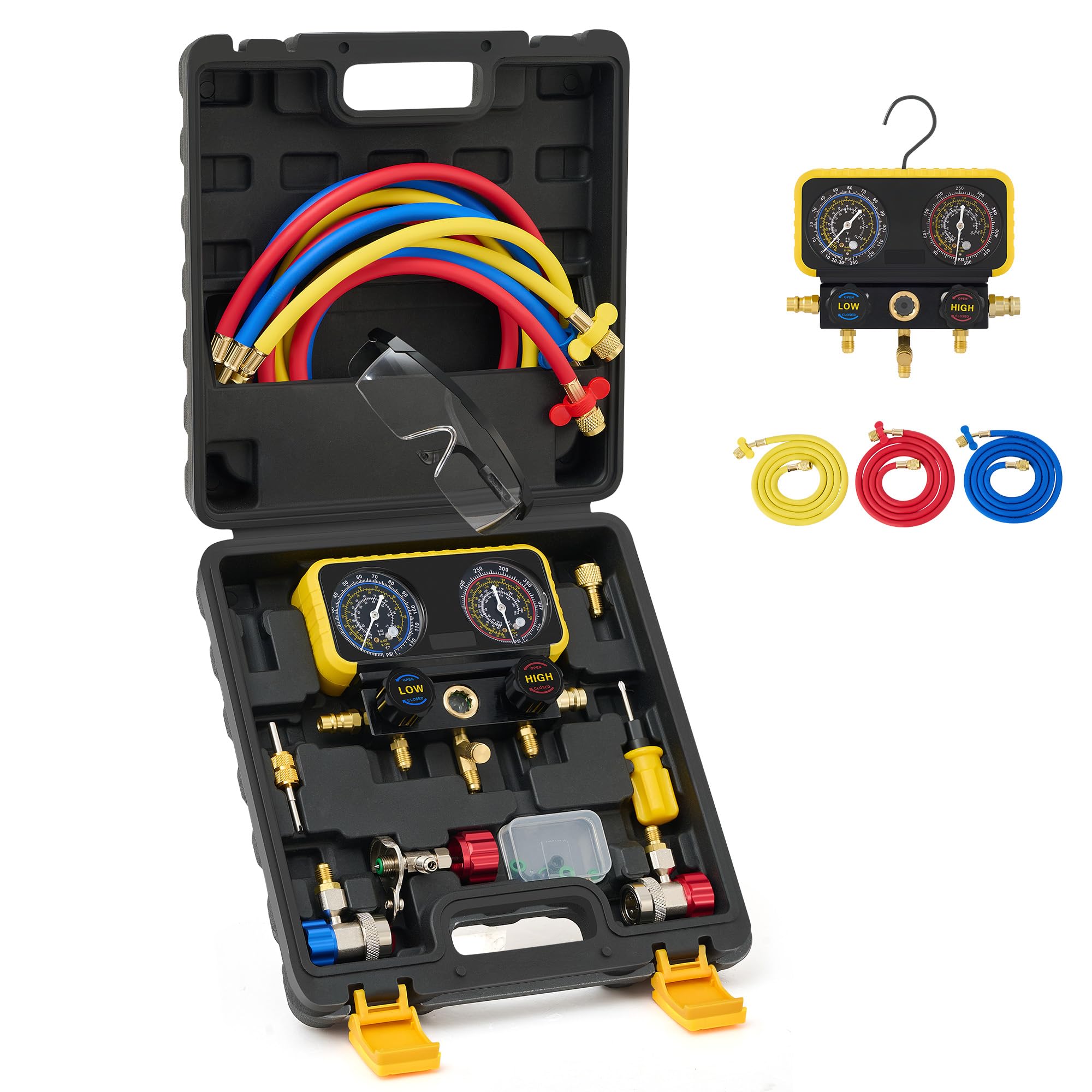 Photo 1 of Orion Motor Tech AC Manifold Gauge Set for R134a R12 R22 R502 Refrigerants, Automotive AC Gauge Set, Precision Refrigerant Gauge Kit with 5' Hose, Tank AC Adapters, Adjustable Couplers, Can Tap