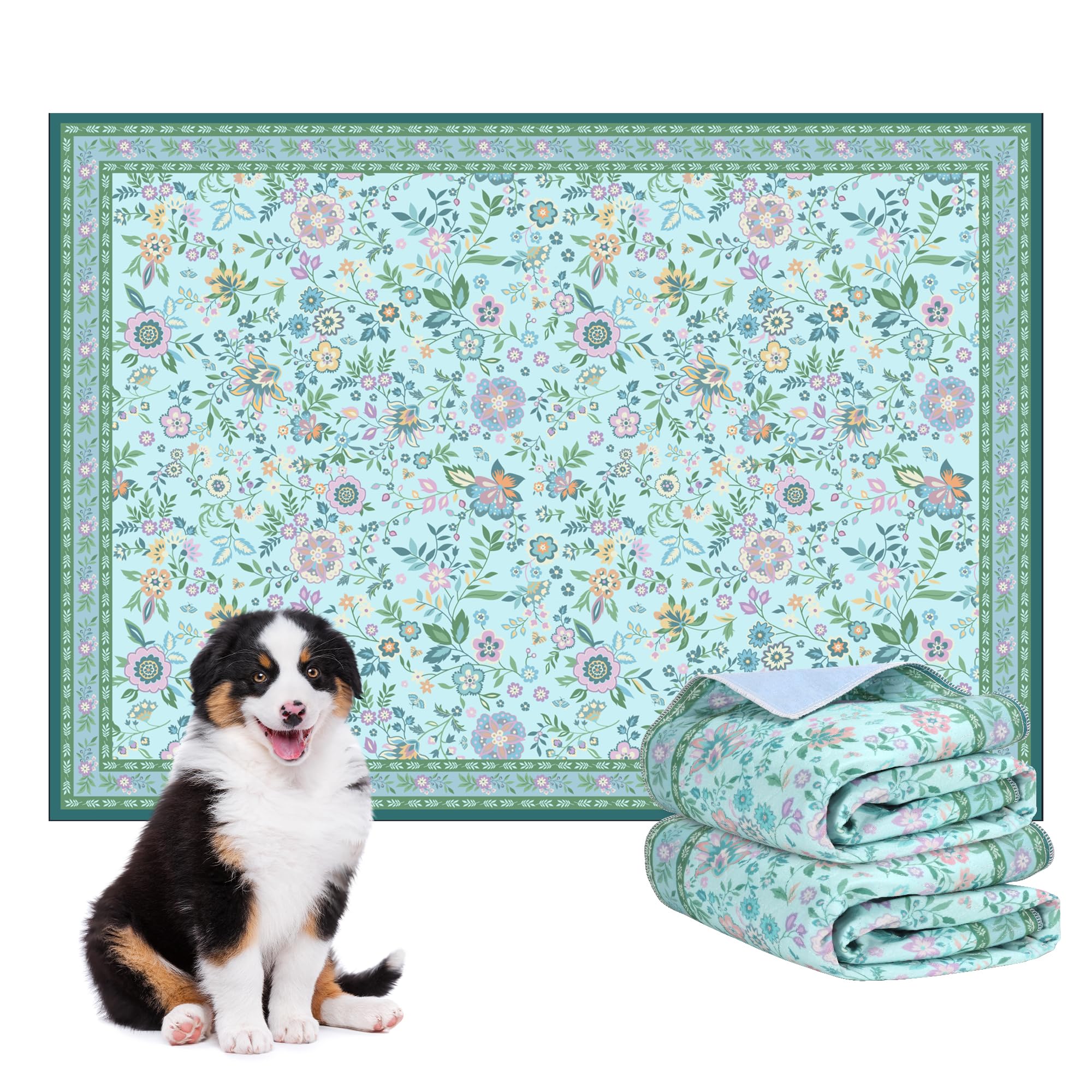 Photo 1 of Baodan Washable Pee Pads for Dogs, 2 Pack Super Absorbent Reusable Puppy Pads with Colorful Flowers Patterns for Potty Training, Floor, Couch, Bed, and Crate,36"x 48"