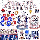161PCS Baseball Birthday Party Decorations, Baseball Party Supplies Plates and Napkins Set, Tableware,Banner, Hanging Swirls, Tablecloth, Cake Cupcake Topper, Ballons