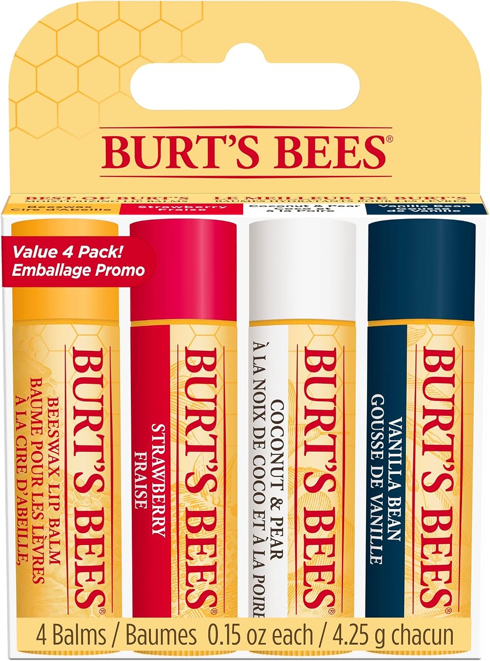 Burt's Bees Lip Balm Multipack 4x4.25g Beeswax Vanilla Strawberry Coconut & Pear
