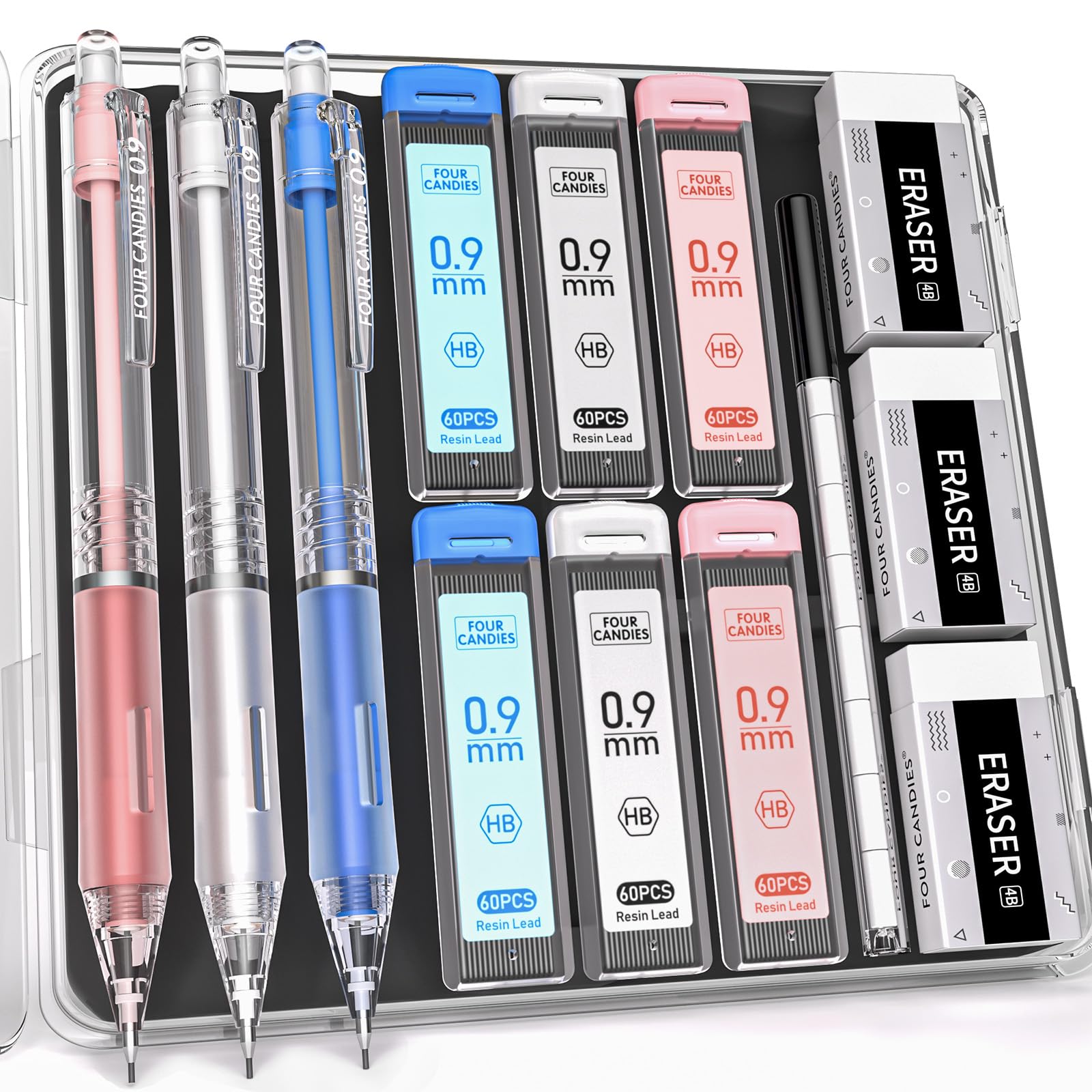Photo 1 of Four Candies 0.9mm Mechanical Pencils Set, 3PCS Pastel Mechanical Pencils with 360PCS HB Lead Refills, 3PCS Erasers, 9PCS Eraser Refills for Student School Supplies