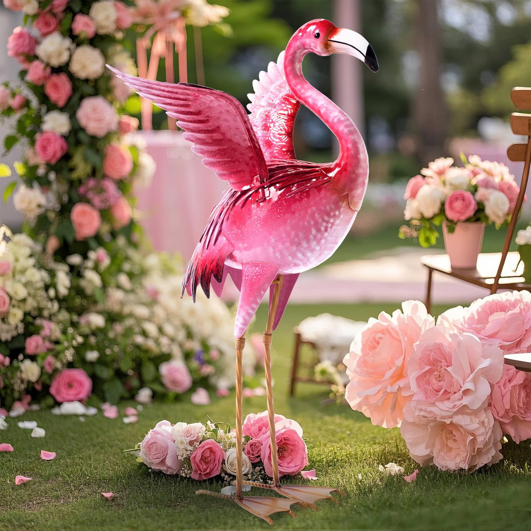 Photo 1 of Natelf Garden Flamingo Statues and Sculptures, Outdoor Metal Bird Yard Art, Pink Flamingos Lawn Ornament for Patio Backyard Porch Decorations