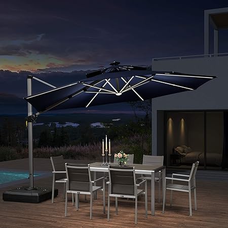 Amazon Com Purple Leaf 12ft Solar Powered Led Patio Umbrella Outdoor Round Umbrella Large Cantilever Umbrella With Led Lights Windproof Offset Umbrella Sun Umbrella For Garden Deck Pool Patio Navy Blue