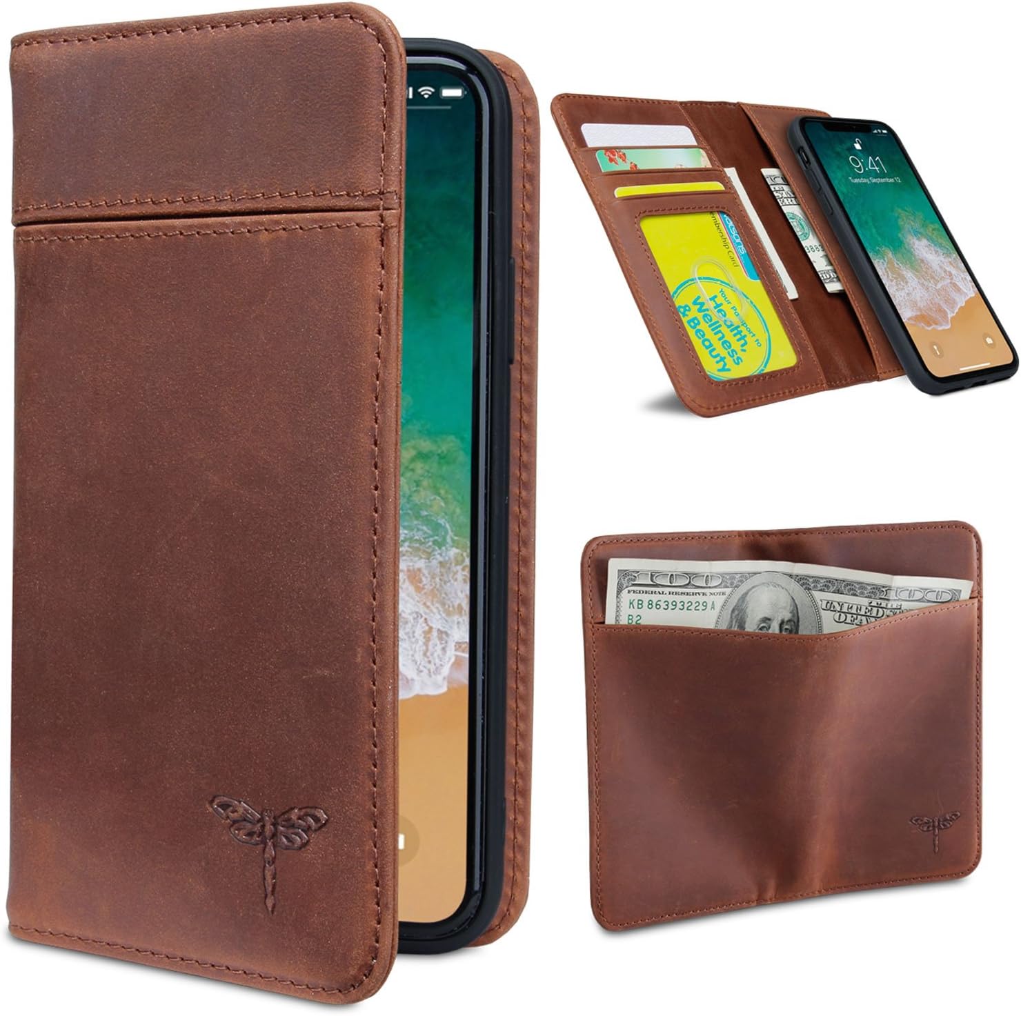 iPhone X Case Wallet, FRIFUN Magnetic Detachable Case iPhone X Real Cow Leather Handmade Thin Cover, 3 Card Slots & 3 Bill Pockets, Flip Case for Apple iPhone X/iPhone 10