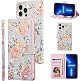 UEEBAI Wallet Case for iPhone 15 Pro Max, PU Leather Phone Case Kickstand RFID Blocking Flip Case Card Slots Wrist Strap Relief Engraved Pattern Magnetic Closure Flower Folio Case, Purple Rose