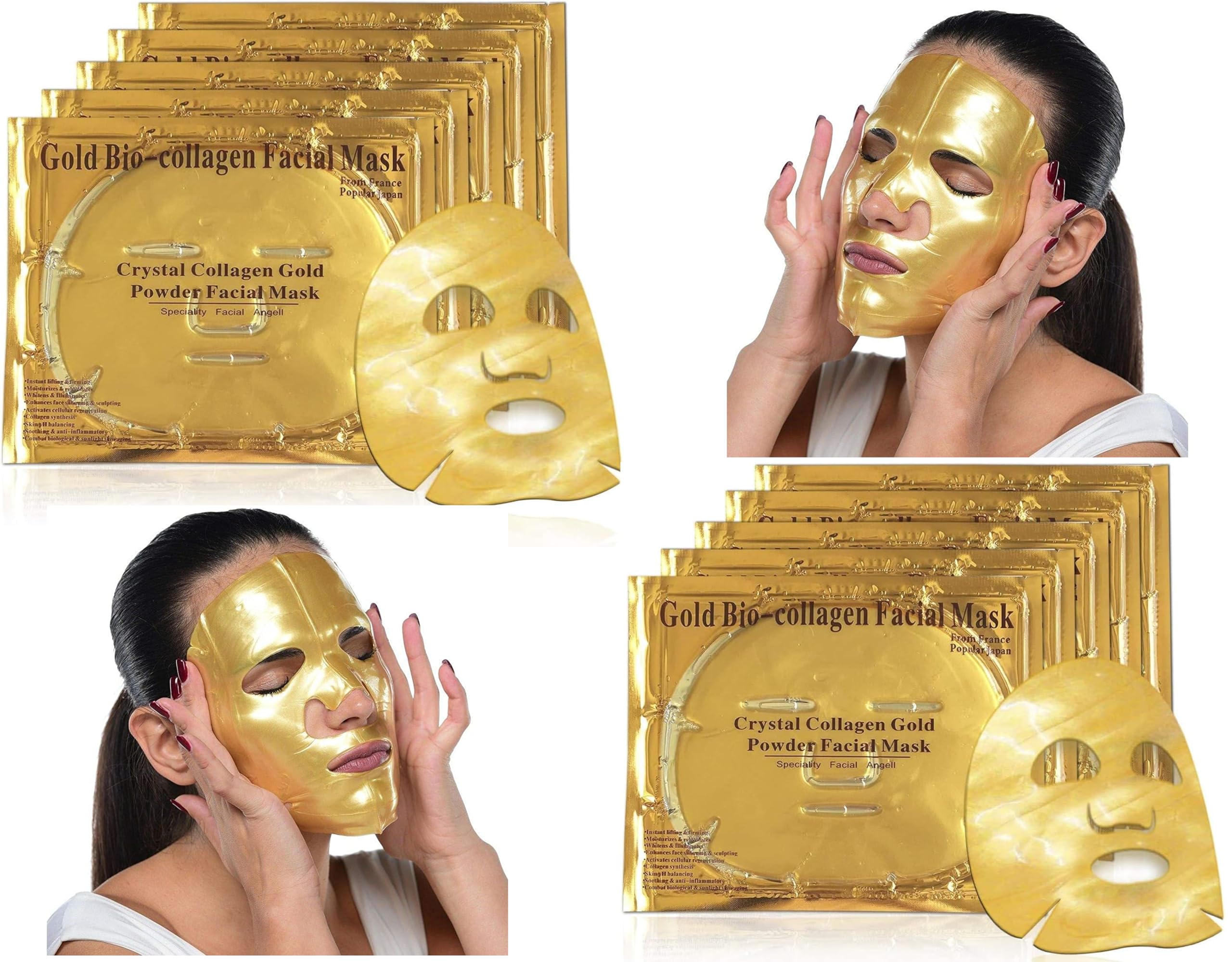 24K Gold Gel Collagen Facial Masks, Face Mask For Anti Aging, Whitening, Puffiness, Anti Wrinkle, Moisturizing, Deep Tissue Rejuvenation and Hydrates Skin, Spring Summer Cool Feel (10 PACK)