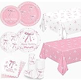 algpty 202 PCS Pink Bow Birthday Party Supplies, Service for 50, Pink Bow Coquette Birthday Party Decorations Tableware Set Includes Plates, Napkins, Cups and Tablecloths for Women Girls