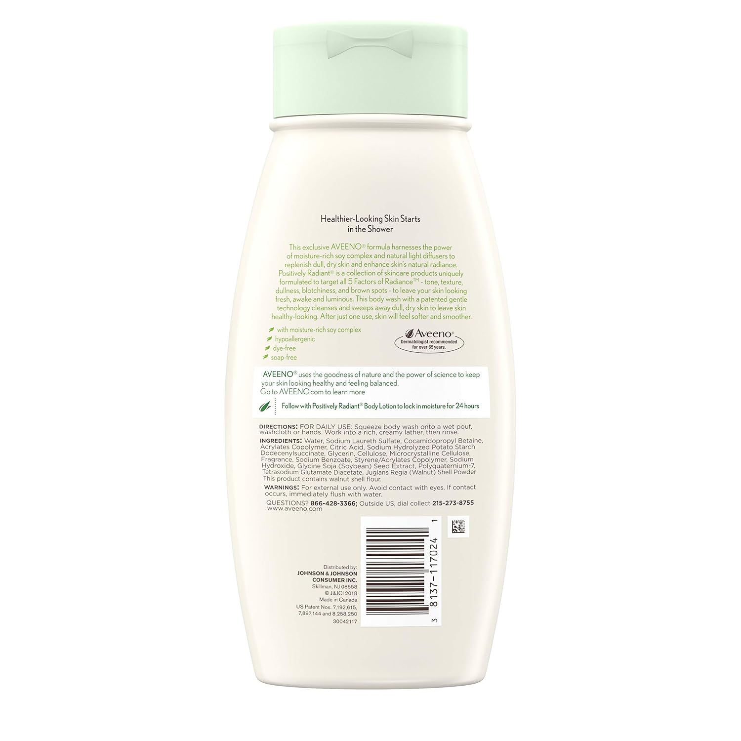 Aveeno Positively Radiant Exfoliating Body Wash with MoistureRich Soy Complex Crushed Walnut Shell for Dry, Dull Skin, SoapFree, DyeFree Hypoallergenic Formula 18 fl, 54 Fl Oz, (Pack of 3) : Beauty