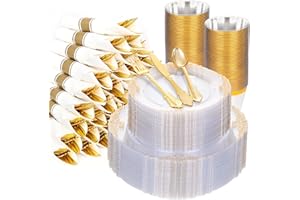 350 Piece Dinnerware Set for Wedding & Party,50 Guest RimPlastic Plates,50 Plastic Silverware,50 Cups,50 Linen Like Napkins (