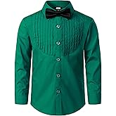 JOGAL Boys Dress Shirts Kids Pleated Tuxedo Shirt with Bow Tie for 6-14 Years Old Boys Button Down Shirt