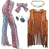 ATAMET 5 Pcs 60s 70s Hippie Costume Disco Outfits Fringe Vest Boho Bell Bottoms Peace Accessories Set Halloween for Women