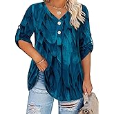 Siddhe Plus Size Blouses for Women, Plus Size Womens Shirts Dressy Casual Ladies Loose Fit Pleated V Neck Summer Tunic Tops Spring 3/4 Sleeve Tops and Blouses Flowy Floral Shirt 2025, Peocock Blue, XL