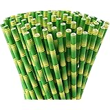 ALINK Bamboo Print Paper Straws, Biodegradable Disposable Party Drinking Straws for Juices, Shakes and Smoothies, Pack of 100