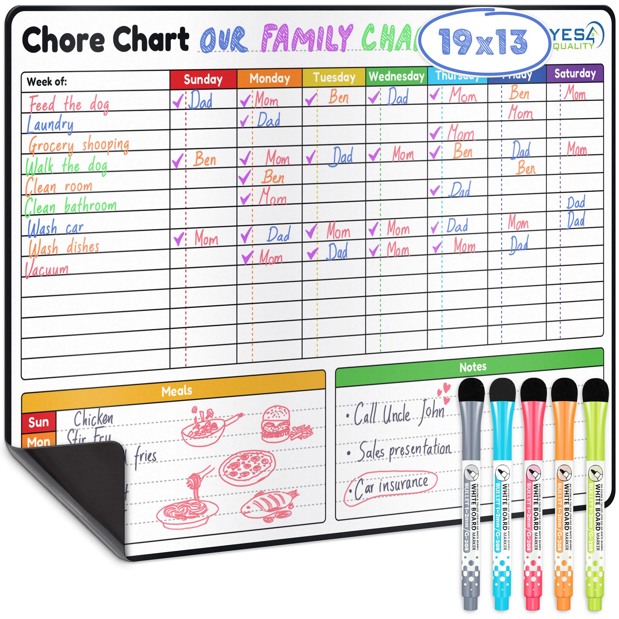 Yes4Quality - Magnetic Dry Erase Chore Chart - 48x33 cm - Behaviour Chart for Multiple Kids - Family Weekly Chores Checklist with Meal Planner - Stain Resistant Board for Fridge with 5 Markers