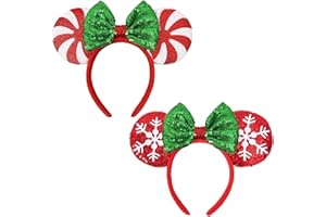 UNSPAZ Christmas Mouse Ears Headband, 2 PCS Christmas Ears for Women, Sequin Bow Headbands for Parties Cosplay Costume (Peppermint Green & Red Snowflake)
