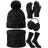 5 Pieces Women Winter Warm Set Knit Beanie Hat Scarf Touchscreen Gloves Earmuffs Stockings 5 in 1 Ski Outing Set for Gift