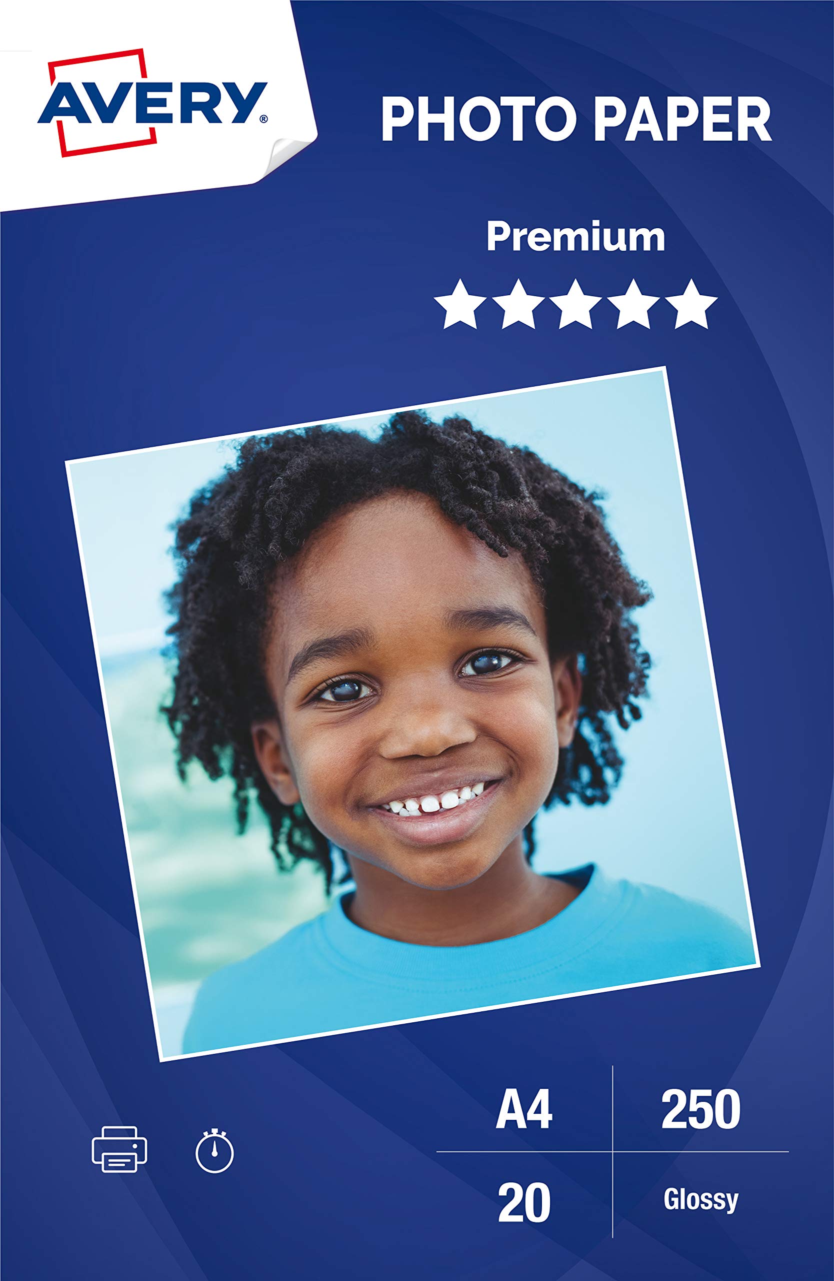 Avery 2555-C.UK Premium Glossy Photo Paper 250g/m, Inkjet Printers, A4, 20 Sheets, White