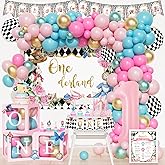 Party Inspo Wonderland 1st Birthday Girl, 211 PCs – Vintage Onederland First Birthday Decorations with Backdrop, Balloon Garland, Cake Topper, Crown, Retro Garden Theme Tea Party Supplies