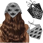 BATHRINS 2Pcs Gothic Crochet Headbands Bat & Floral Pattern Bandana for Women, Cotton Knit Triangle Headband Vintage Head Scarf Festival Hair Decor