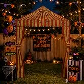 Ziliny 3 Pcs Halloween Circus Tent Awning Decor, Creepy Style | Carnival Red White Striped Banner, Halloween Photo Backdrop, Easy to Hang Doorway Curtain for Concession Stand Booth Events