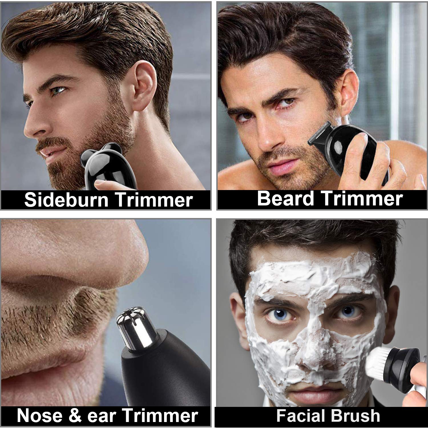 Waterproof Men\'s Electric Shaver and Trimmer Grooming Kit, Rechargeable 4-in-1 Electric Razor/Hair Trimmer/Clip Nose Hair/Facial Cleansing Brush