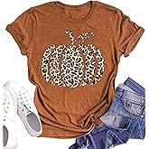 Halloween Pumpkin Shirt Women Leopard Graphic Tees Short Sleeve Fall T-Shirt Thanksgiving Gift Tops