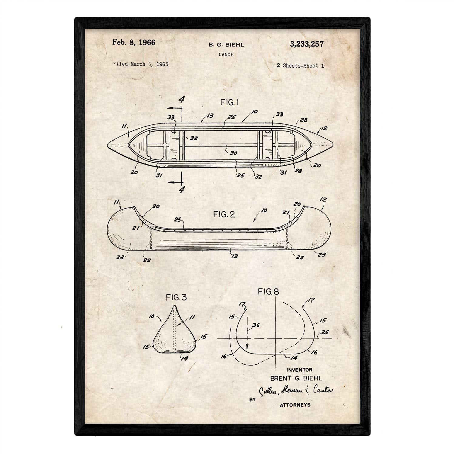Nacnic Poster patent Canoa 1. Foil with old design patent in A3 size and vintage background