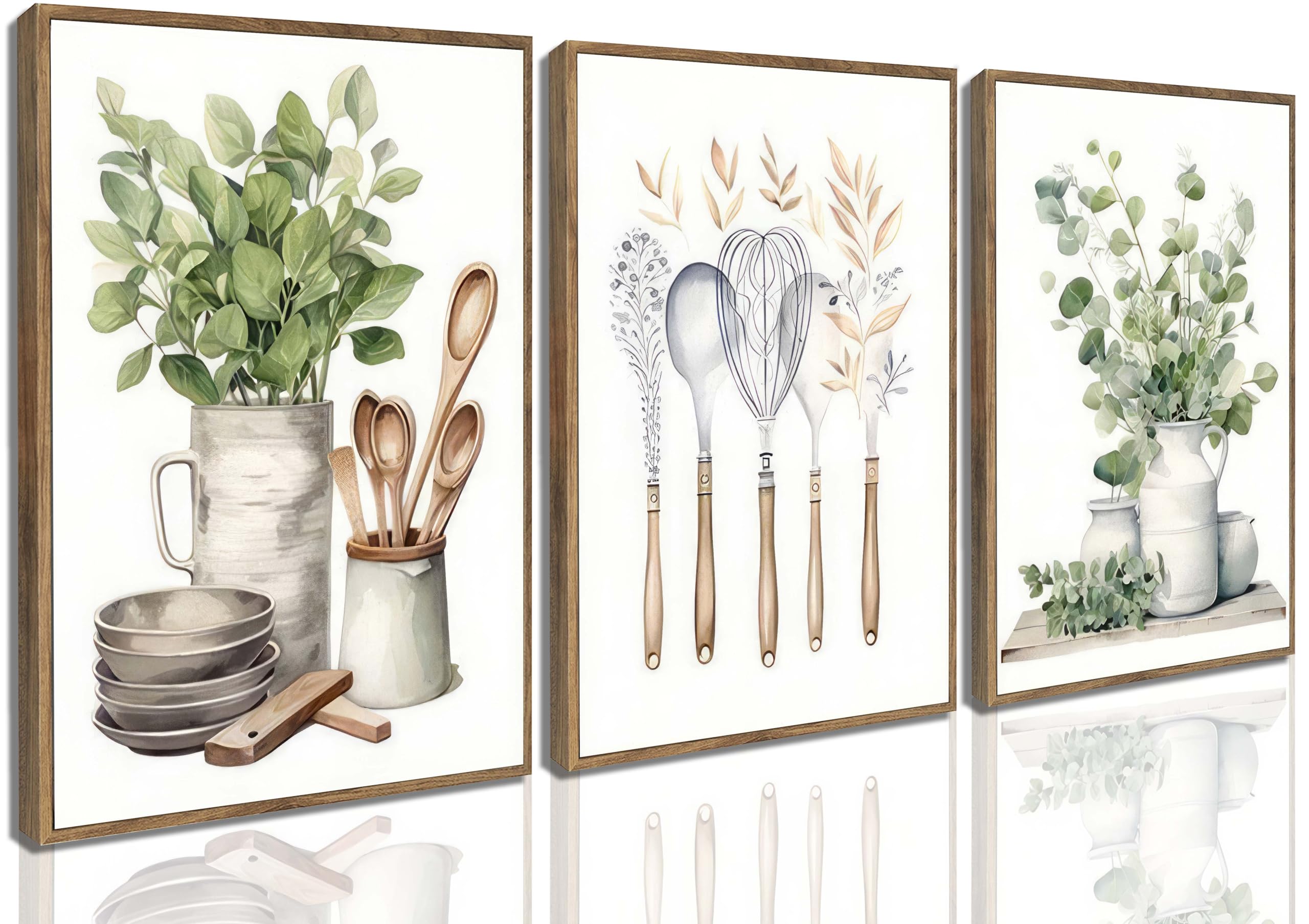 Photo 1 of 3 Pcs Framed Farm Sage Green Farmhouse Kitchen Canvas Wall Art Minimalist Dining Room Eucalyptus leaves plant Painting Pictures Wall Decor Poster Print Artwork For Dining Room kitchen Home Decoration