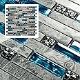 Midcard 4-Sheet Grey Marble Tile for Kitchen backsplash 12" x 12.3" x 6mm, Blue Glass with Grey Stone Mosaic Tile for Bathroom, Kitchen, Bedroom, etc.