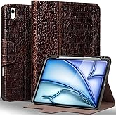 Gexmil Leather Case for iPad Air 11 Inch M3 2025/ M2 2024,iPad Air 10.9 Inch Case 5th/4th Generation 2022/2020, Top Grain Leather Cover with Pencil Holder,Magnetic Closure,Crocodile Pattern Brown