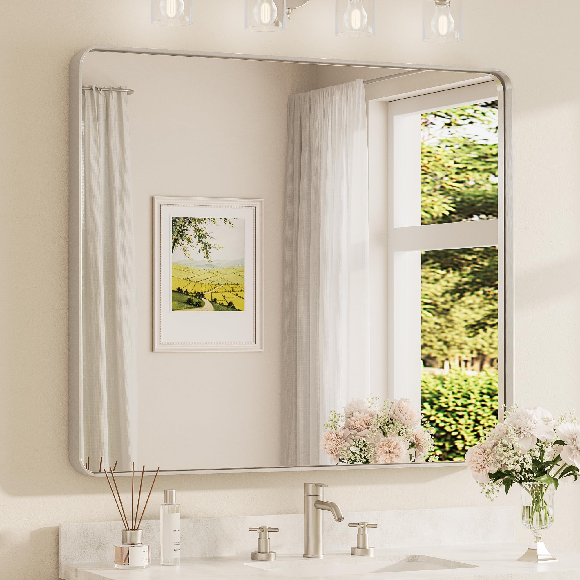 TETOTE Brushed Nickel Bathroom Mirror 42 x 36 Inch for Vanity Metal Framed Mirror Modern Farmhouse for Living Room Entryway(Horizontal/Vertical) Image