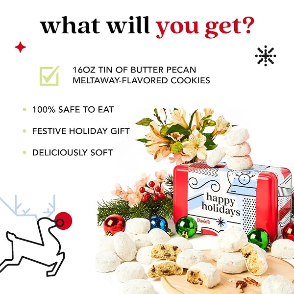 DAVID’S COOKIES HAPPY HOLIDAYS BUTTER PECAN MELTAWAY COOKIES IN SWEET SAMPLER TIN – SOFT BUTTERY COOKIES WITH CRUNCHY PECANS – FESTIVE GOURMET BAKERY DESSERT GIFT BASKET FOR CHRISTMAS AND HOLIDAY CELEBRATIONS