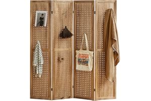 Leesinwing 4 Panel Room Dividers and Folding Privacy Screens, 5.6Ft Wooden Pegboard Display, Privacy Dividers for Bedroom, Portable Dispxlay Board Organizer for Store, Jewelry Display, Light Brown